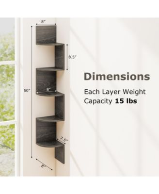 5-Tier Wall Mounted Corner Shelf with Floating Design, 8 x 8 x 50
