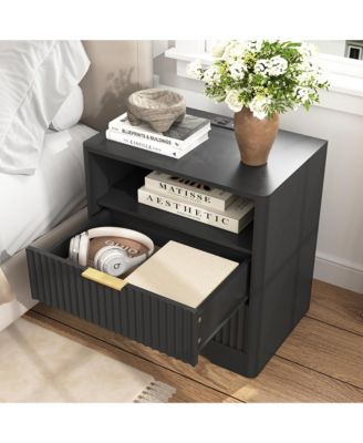 Functional Bedside Cabinet - 2 Drawers, Open Storage Shelf, Integrated Charging Station and Ambient Night Light for Home Decor