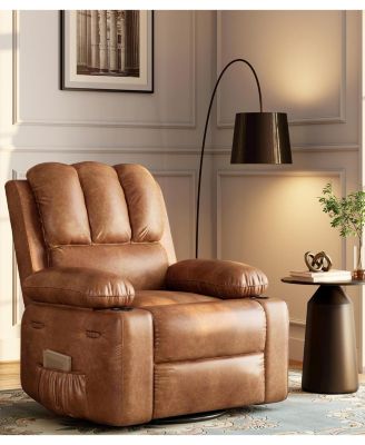 22" Rocker Recliner Chair, Lazy Boy Recliner Chair with 1.5X Sponge Filling, PU Leather Swivel Recliner with Side Pockets and Cup Holders