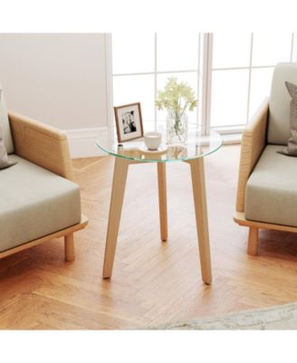 Tempered Glass End Table Round with Solid Rubber Wood Structure-1 Piece