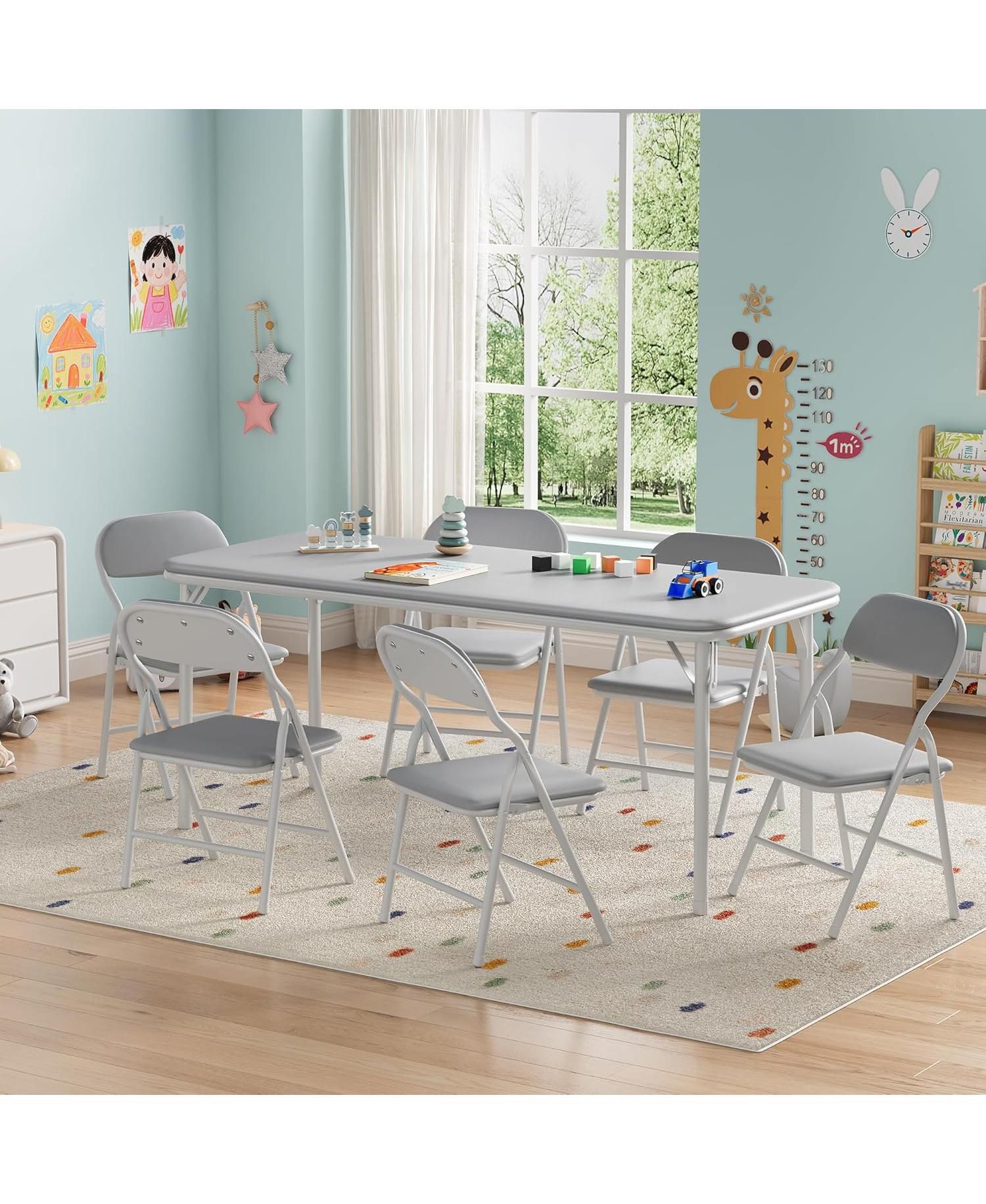 7 Piece Boys Girls Folding Table and Chairs Set, Activity Table and Chairs Set for Dining Room,Daycare,Classrooms
