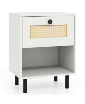 Rattan Nightstand Boho End Table with Rattan Drawer and Open Shelf