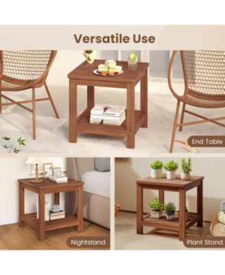 2-Tier Solid Wood Patio Side Table with Storage Shelf