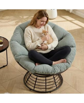 360degree(s) Swivel Rattan Lounge Chair, Wicker Papasan Seat with Plush Cushion, Sturdy Frame Holds Up to 300 LBS for Bedroom and Balcony
