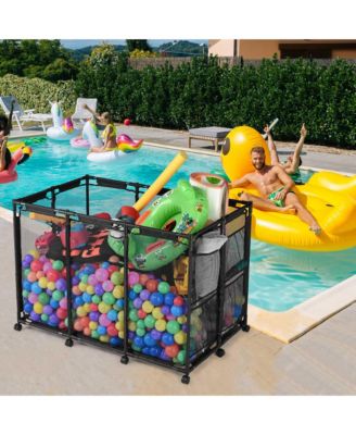 Extra Large 12 Wheels Rolling Mesh Pool Storage Bin Metal Frame with Cover Replacement Net
