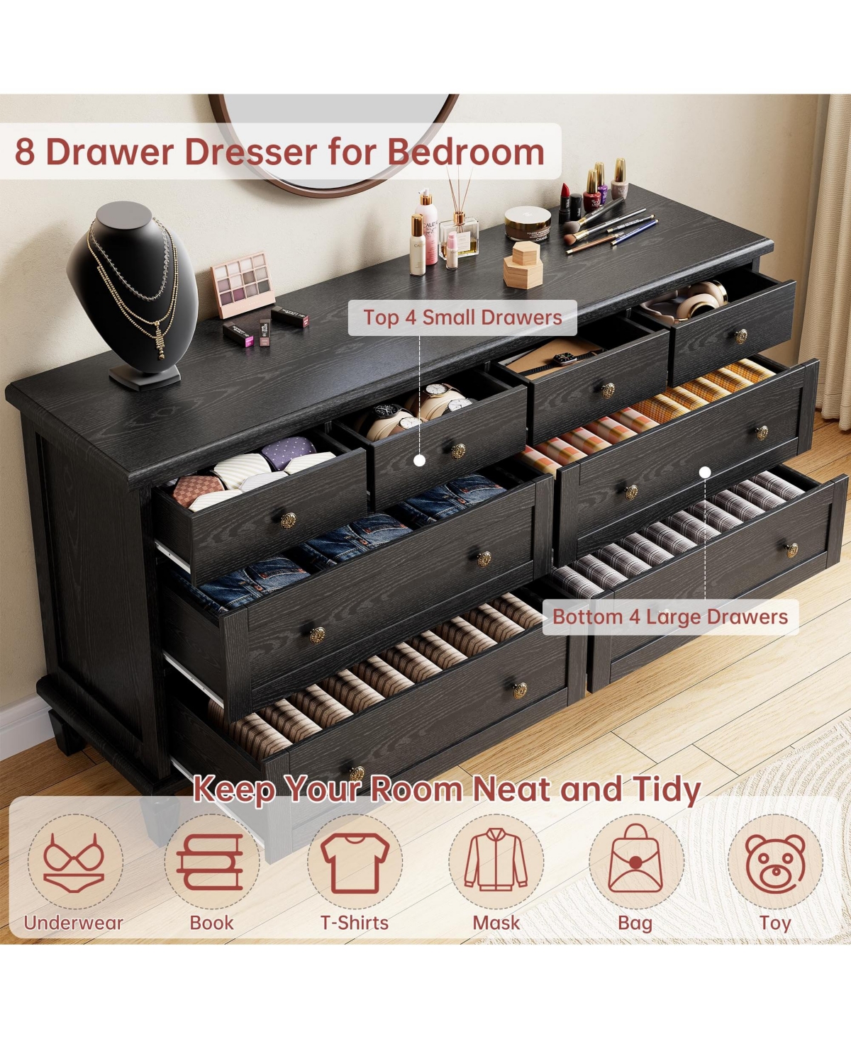 gaomon Bedroom 59" 8-Drawer Dresser Tv Stand, Wood Storage Chest with Carved Handles and Tapered Legs.