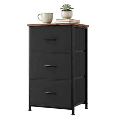 3 Drawer Dresser for Bedroom, Compact Wood Grain Print Organizer with Fabric Bins.