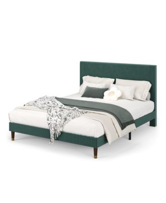 upholstered platform bed with headboard, modern low profile design, sturdy metal frame, wood slats, noise free, no box spring, easy assembly.