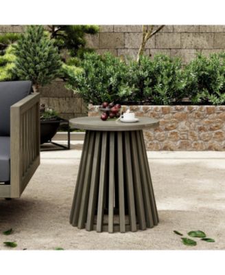 Outdoor Acacia Wood Conversation Set 2 Club Chairs with Foldable End Table Grey Finish Cream Cushion for Garden Patio Deck