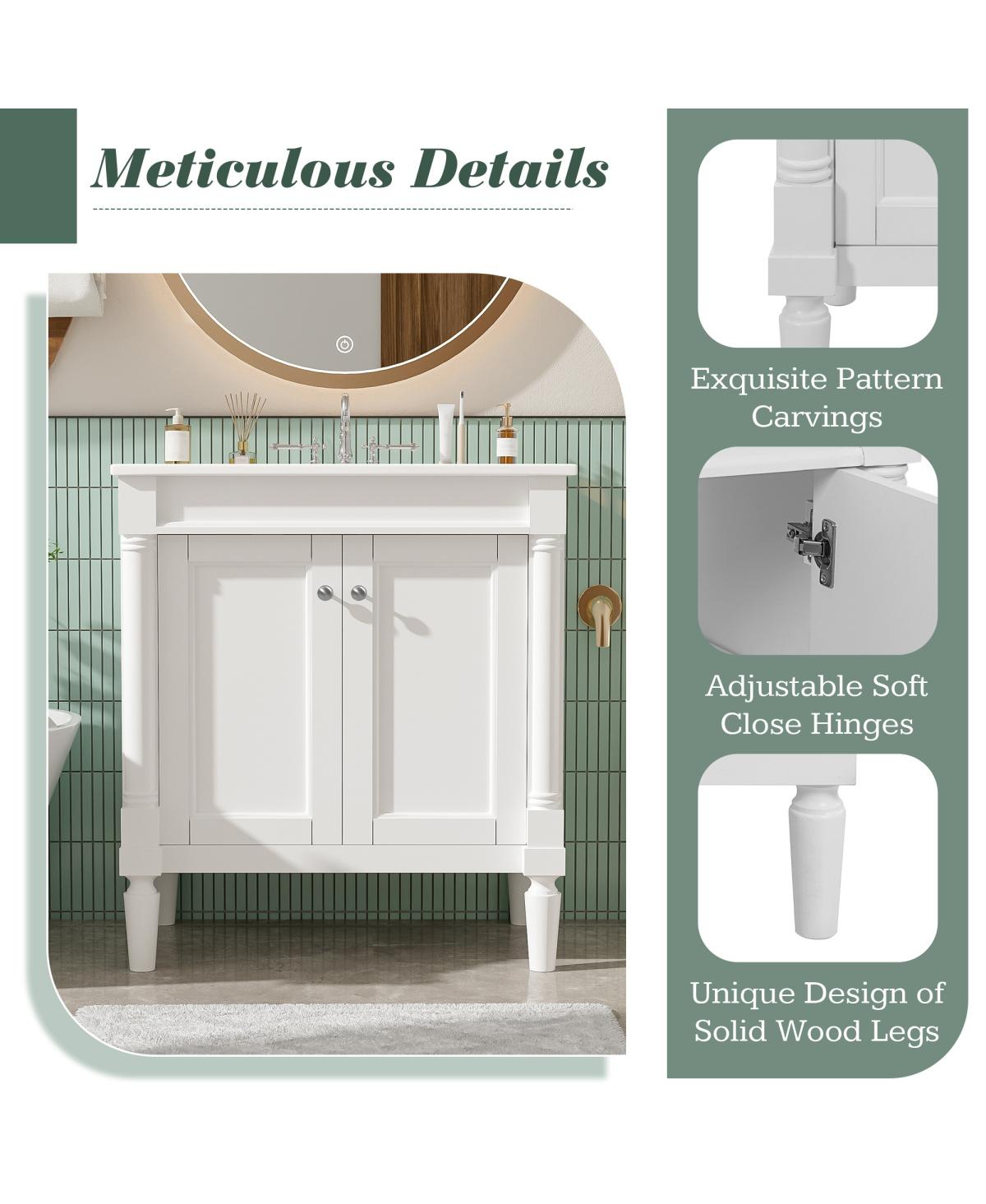 Sillysis Bathroom Vanity with Ceramic Sink, Modern White Freestanding Cabinet, Soft Closing Doors and Adjustable Shelf for Small Spaces-Sillysis