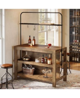 3-Tier Solid Wood Bar Table, 47'' Industrial Home Bar Unit with Storage Shelves and Metal Rack with 5 hooks