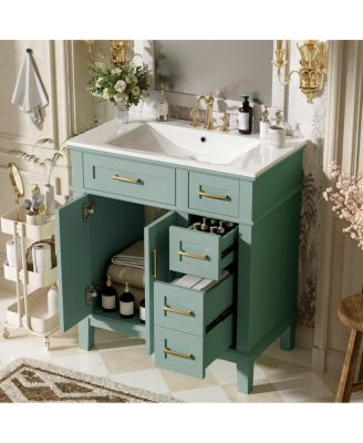 30 Inch Modern Bathroom Vanity with Ceramic Sink, Solid Wood MDF Freestanding Cabinet, Soft Close Drawers for Small Spaces