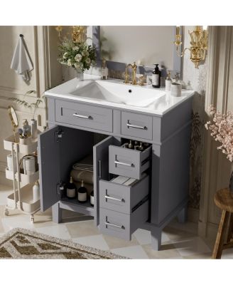 30 Inch Modern Bathroom Vanity with Ceramic Sink, Solid Wood MDF Freestanding Cabinet, Soft Close Drawers for Small Spaces