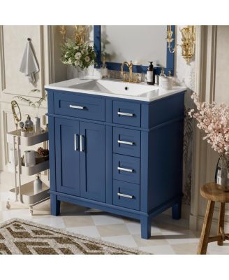 30 Inch Modern Bathroom Vanity with Ceramic Sink, Solid Wood MDF Freestanding Cabinet, Soft Close Drawers for Small Spaces