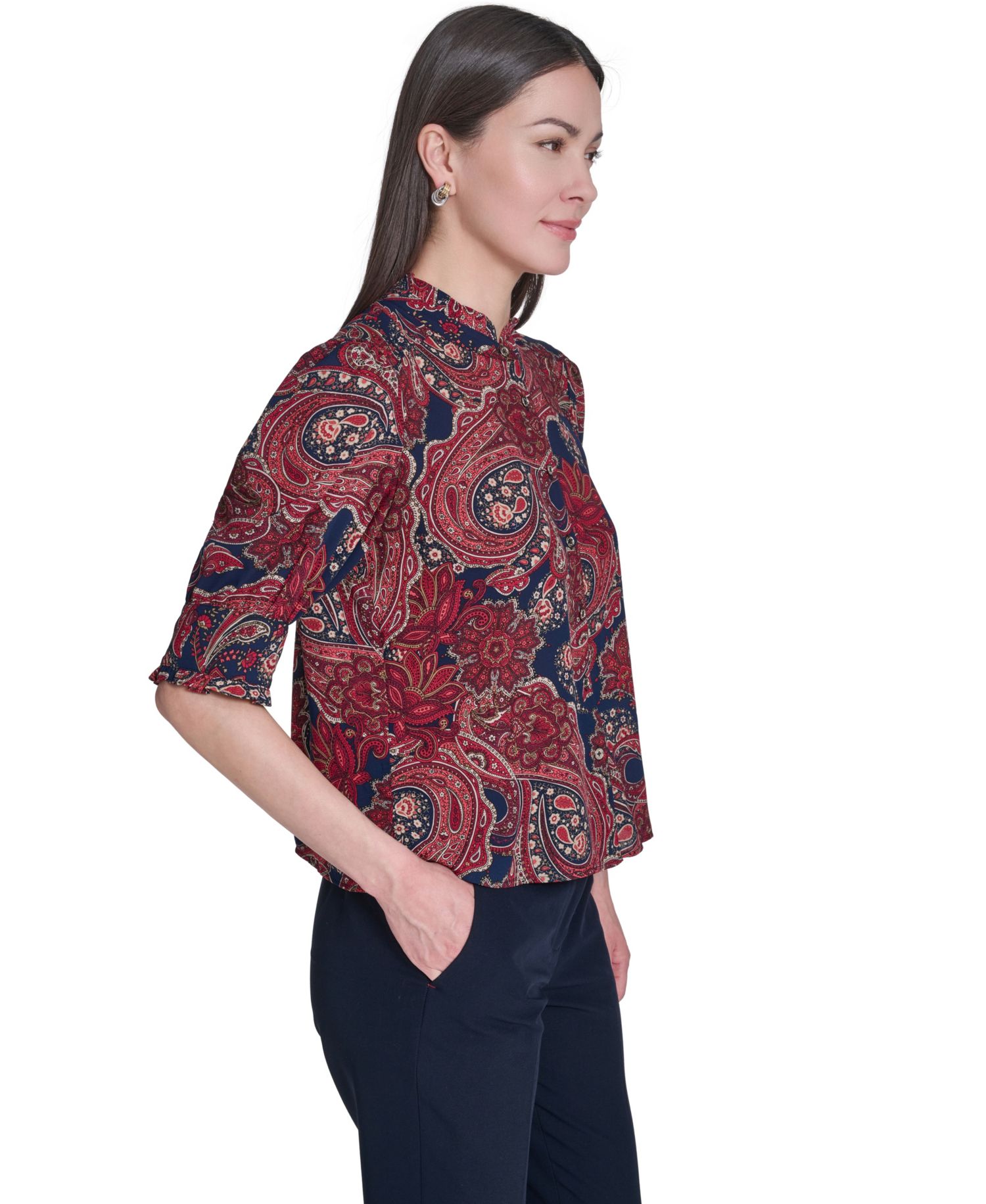 Women's Paisley Print Ruffle Neck Button Up Blouse