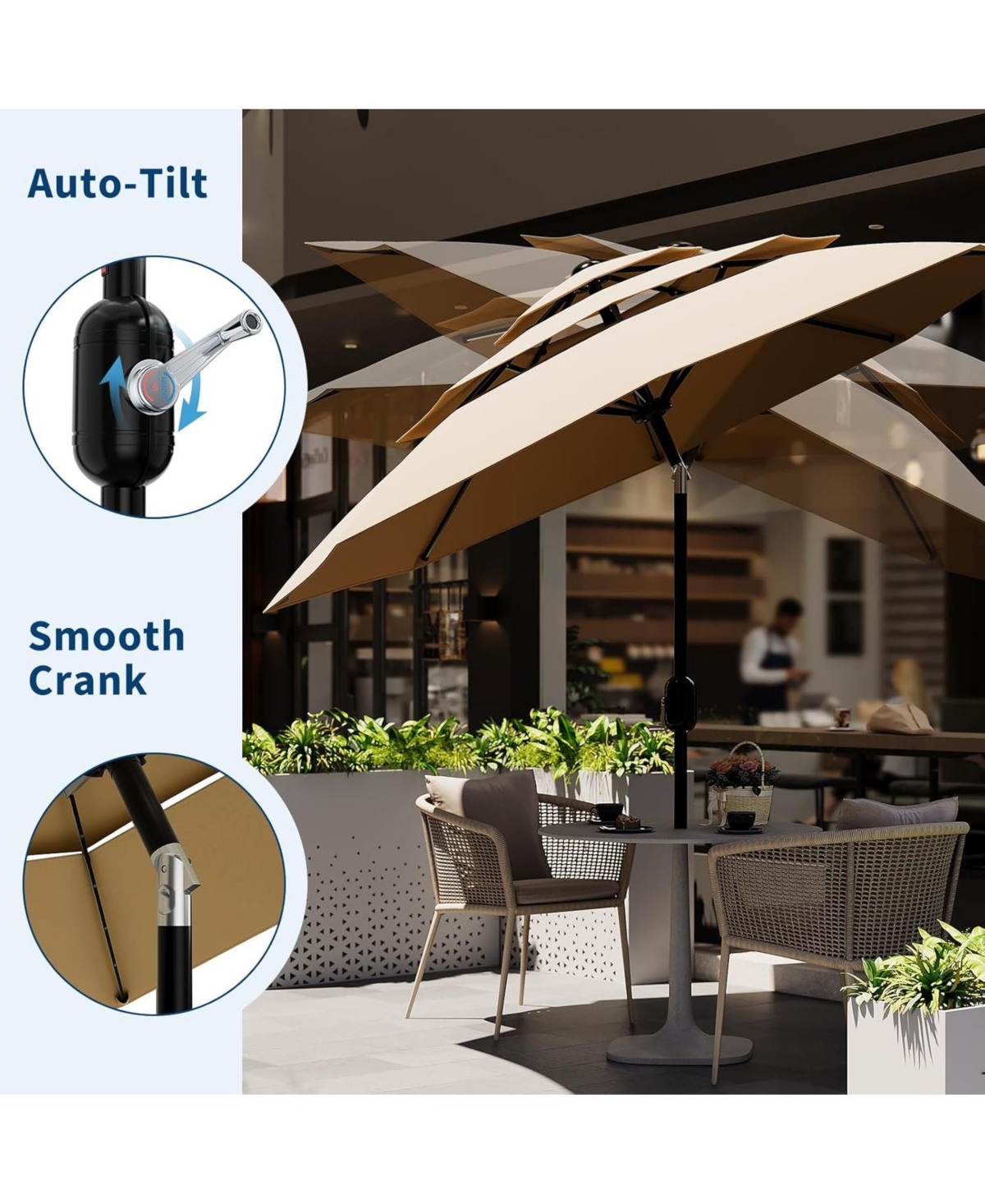 gaomon 10Ft 3-Tier Patio Umbrella, Outdoor Table Umbrella with Vents, Easy Crank and Push Button Tilt, Market Umbrella with 8 Sturdy Ribs for Pool