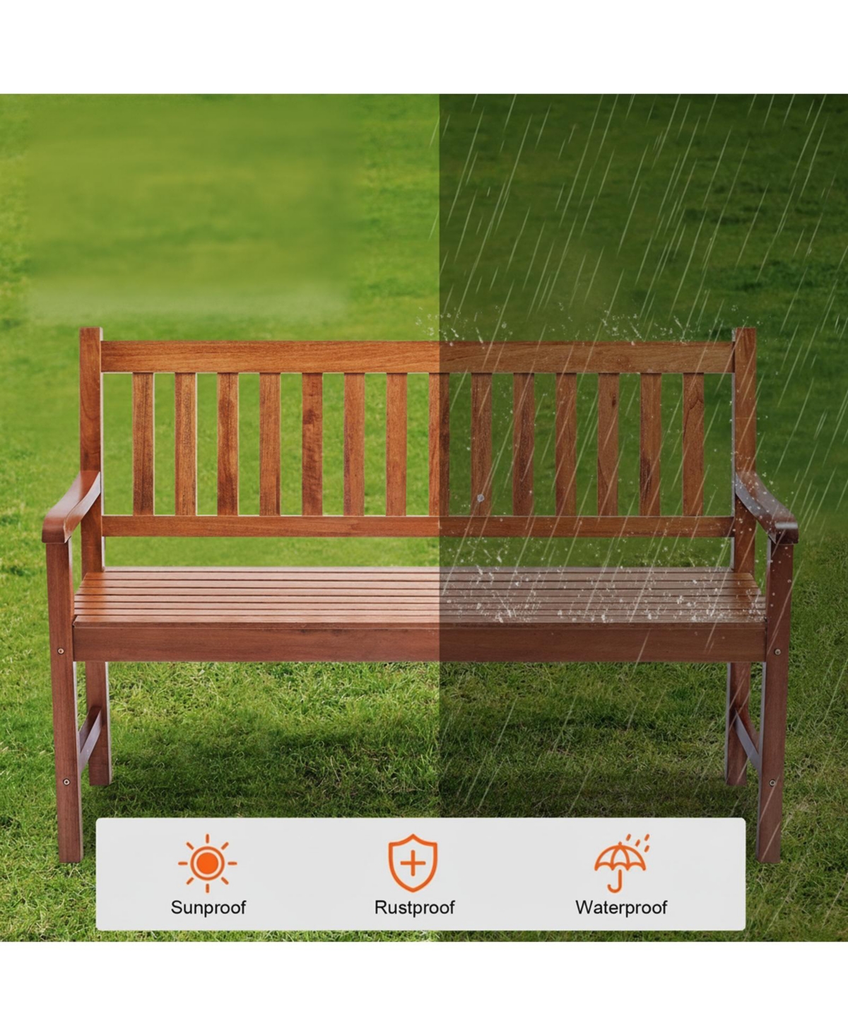 Gouun 50 in Wood Garden Bench with Backrest and Armrests, 800 lbs Capacity