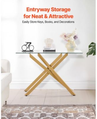 Tempered Glass Rectangle Coffee Table with Metal Cross-Leg Frame