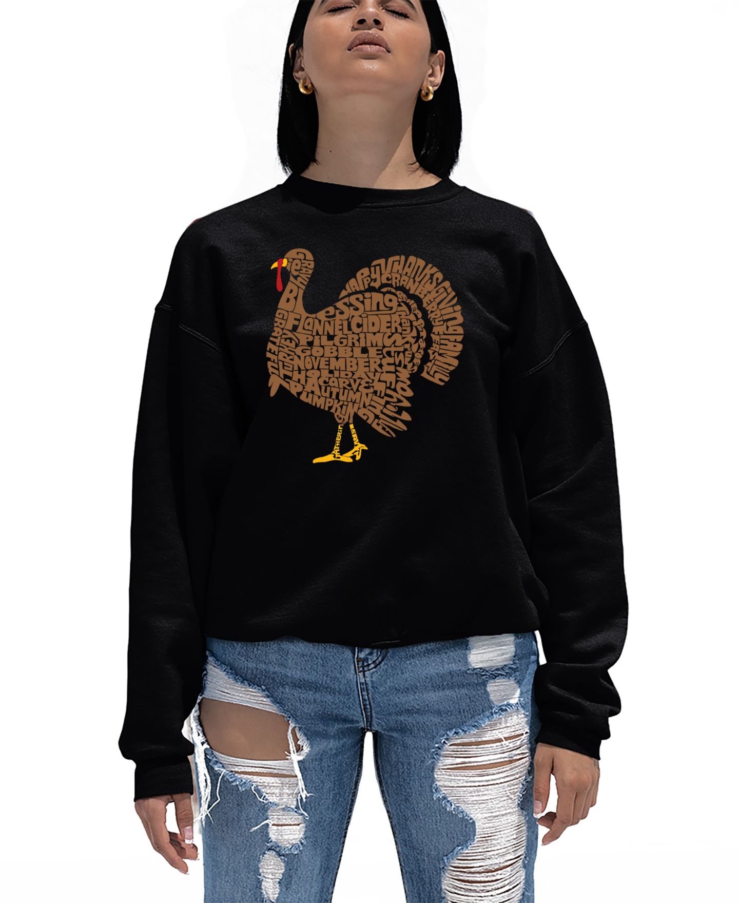 Женская толстовка LA Pop Art Thanksgiving Turkey Word Art Crewneck, цвет: Чёрный — фото 1