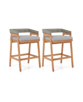 Acacia Wood Counter Height Bar Stool Set of 2 with Wicker Backrest, Cushion and Footrest