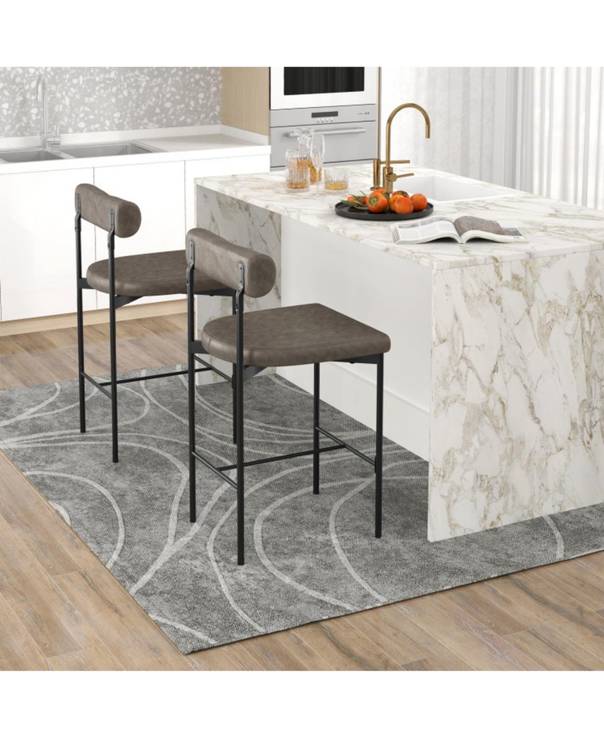 Gouun Upholstered Counter Height Bar Stool Set of 2 with Padded Backrest and Metal Frame