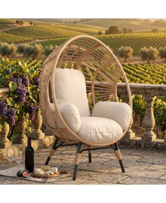 Oversized Wicker Egg-Chair, Outdoor Indoor PE Rattan Patio Swing with 8-Inch Cushion, 400 lb Capacity for Living Room, Balcony, Backyard