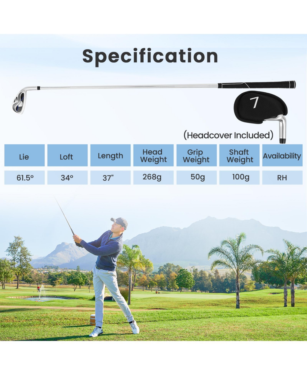 Mecale Men s 7 Iron Golf Club with Steel Shaft & Headcover