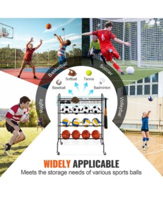 4-Tier Rolling Basketball Rack with Wheels, Hooks & Baskets, Sports Equipment Storage Organizer for Garage, Balls & Gear