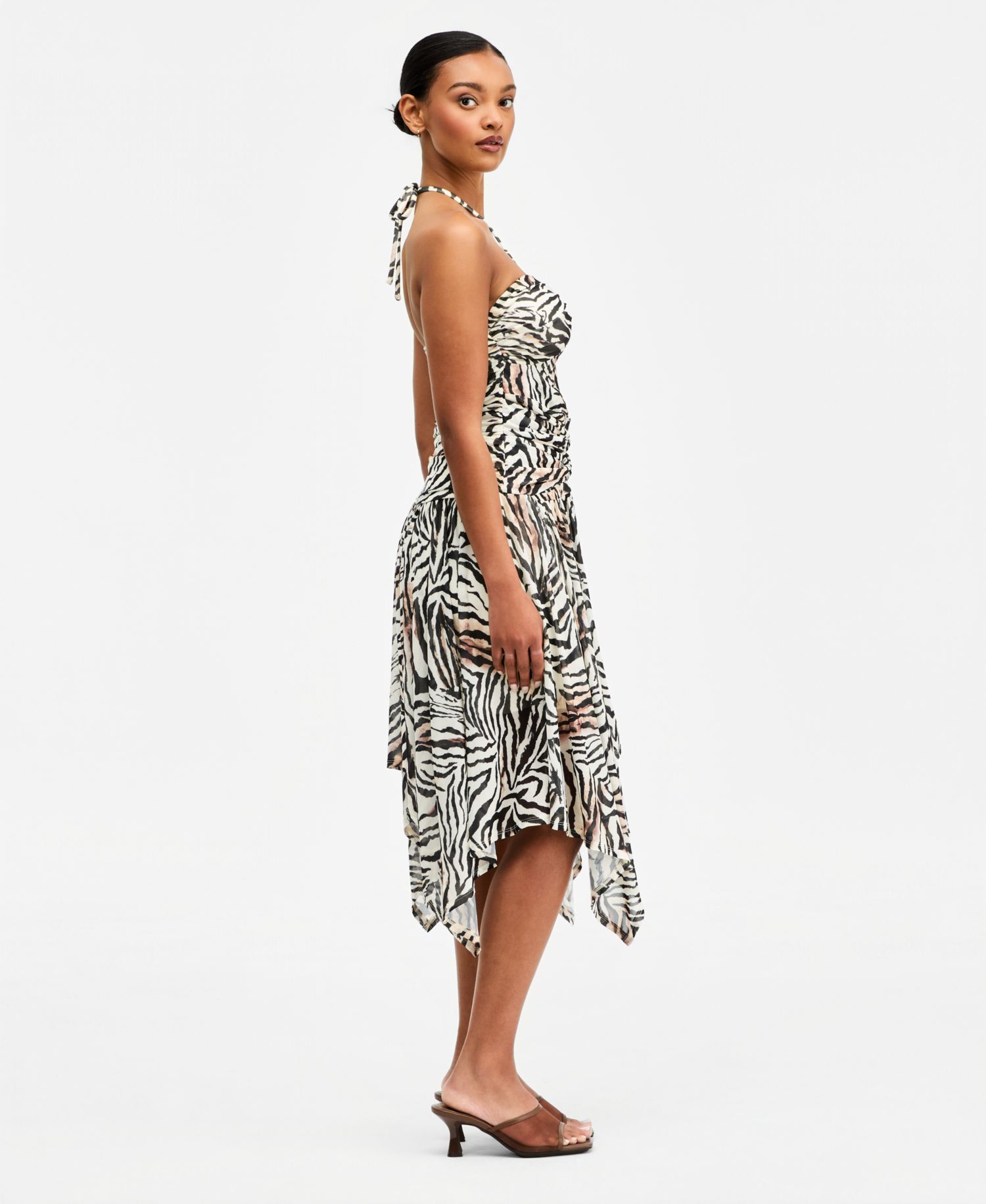 Women's Zebra Printed Asymmetric Mesh Midi Dress