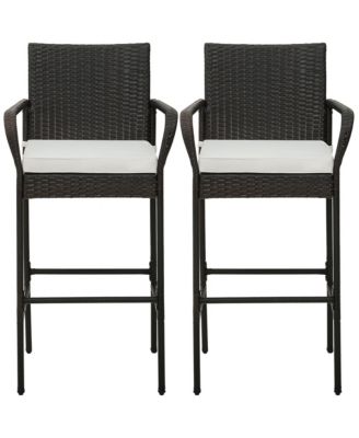 Set of 2 Wicker Bar Stools Set Outdoor High Back Bar Counter Chairs w/ Cushions