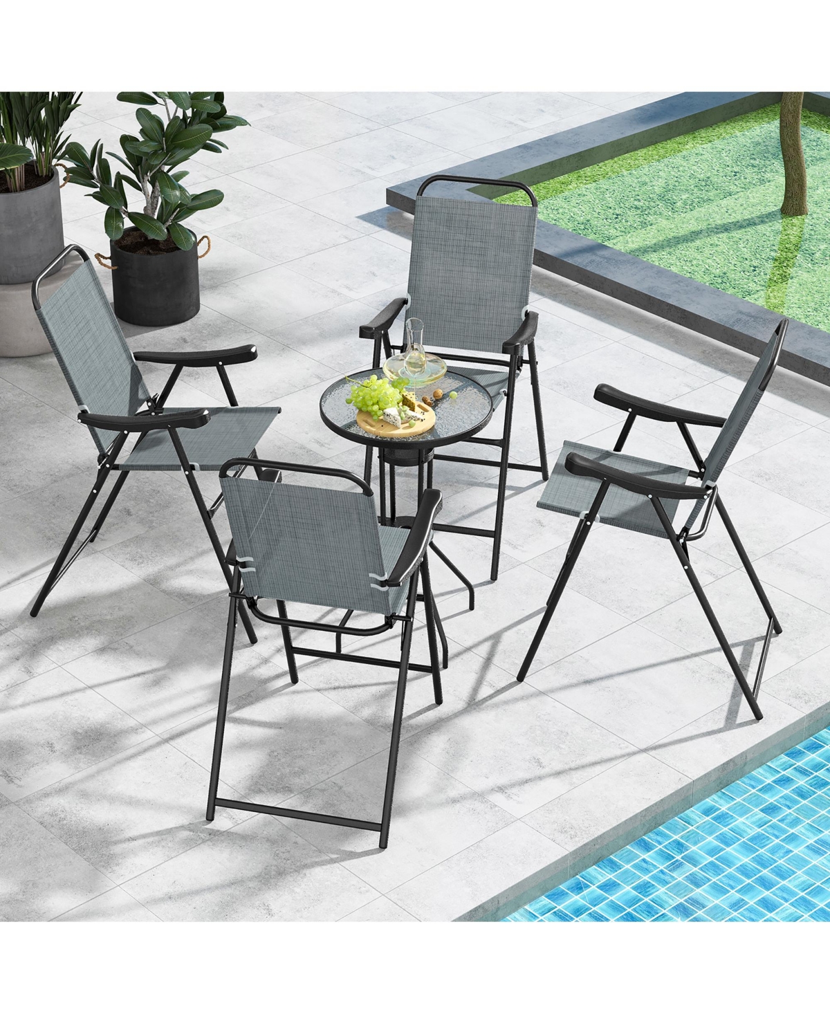 Gymax 4 Pcs Patio Bar Chair Folding Bar Height Metal Frame w/ Footrest Garden