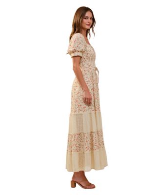 Women's Floral Puff-Sleeve Smocked-Waist Maxi Dress