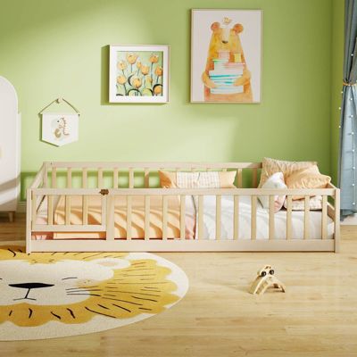Twin Size Floor Bed with Door & Fence with Safety Guardrails & Slats Support