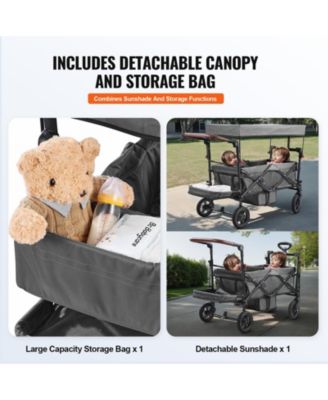 Wagon Stroller for 2 Kids, Collapsible Push Pull Quad Stroller with Adjustable Handle, Harness, Removable Canopy