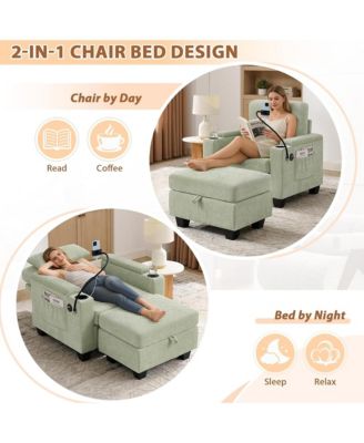 Multi-Functional Accent Chair and Storage Ottoman, Convertible Chaise Sleeper with USB and Phone Stand for Living Room and Apartment