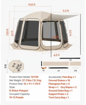 Pop Up Screen House Tent 12x11 ft for 10-12 People with Extended Awning, Carry Bag and Netting Sides