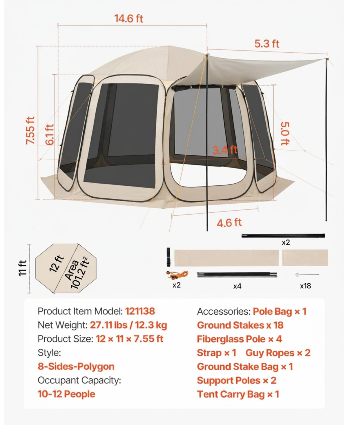 Gouun Pop Up Screen House Tent 12x11 ft for 10-12 People with Extended Awning, Carry Bag and Netting Sides