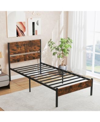 Twin Metal and Wood Platform Bed Frame with Headboard