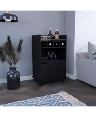 35 Inch Bar Cart with 2 Shelves, 4 Wine Cubbies and 1 Cabinet