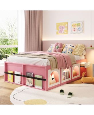 Modern Wooden Full Size Platform Bed Frame for Kids Teens, Integrated with Bookshelf, Side Display Cabinet, LED Lighting and Storage Drawer