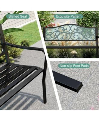 50 Inches Outdoor Cast Iron Metal Patio Bench with Floral Design Backrest and Slatted Seat