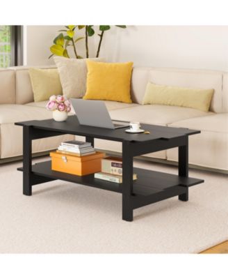 2-Tier Coffee Table Slatted Wood Center Table with Storage Shelf