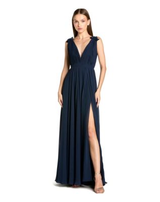 Petite Sleeveless Pleated Chiffon V-Neck Gown