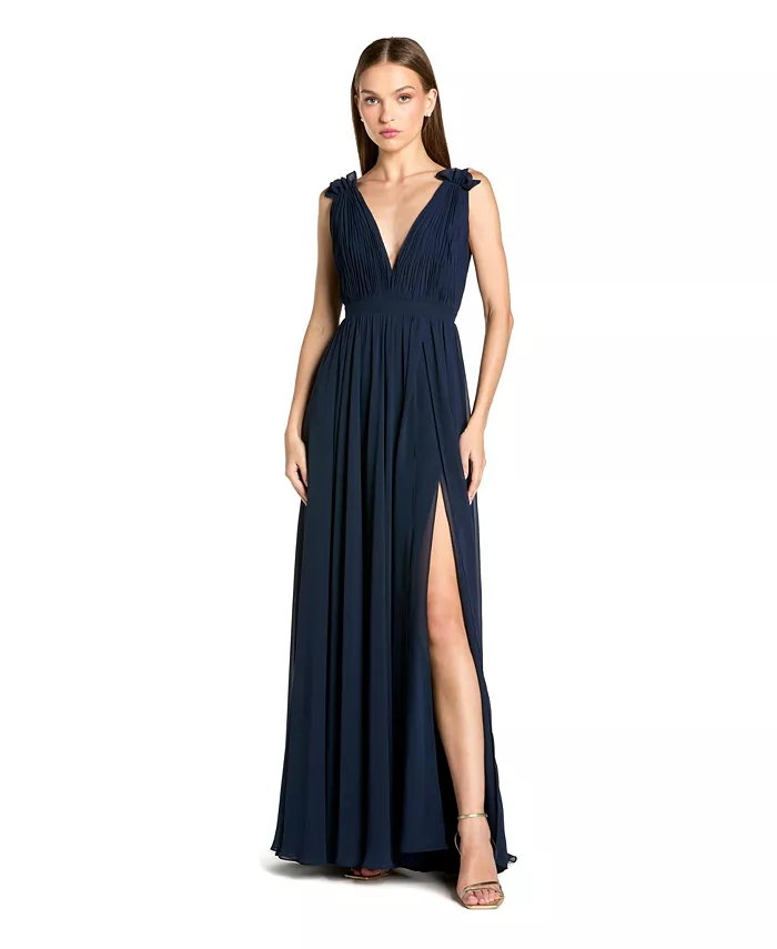 Petite Sleeveless Pleated Chiffon V-Neck Gown