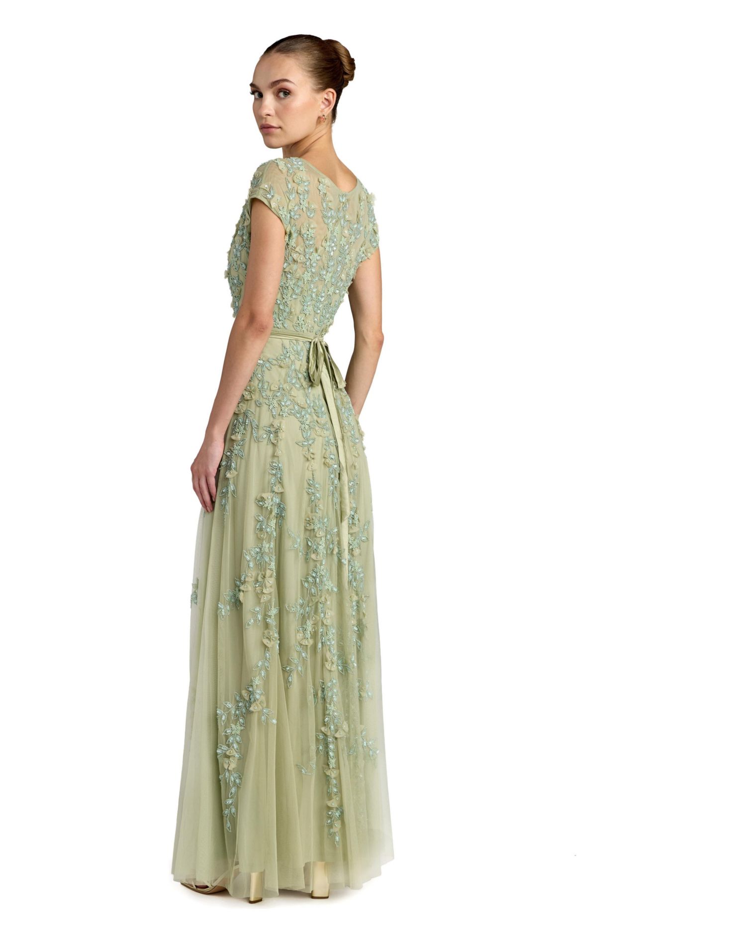 Women's Floral Embellished Short Sleeve Mesh Gown