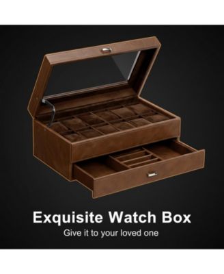 2Layer 12Slot Watch Box PU Leather Removable Pillows Clear Glass Lid Organizer Storage