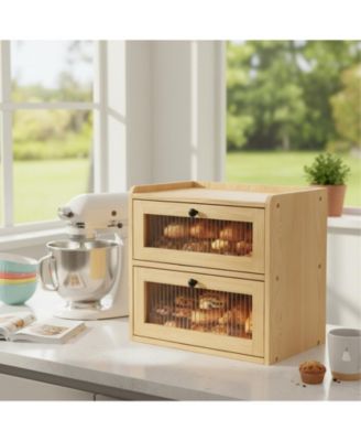 Double Layer Wooden Bread Box with Window Ventilation Pine Construction Countertop Storage