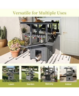 Outdoor Cat House 4 Tiers, Weatherproof Cat Tree Tower with Waterproof Roof, Multi-Level Play Zones with Balcony and 2 Doors, Grey