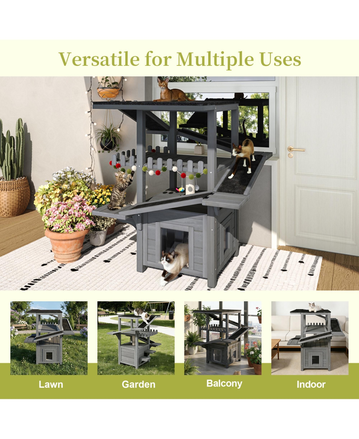 Aostirmotor Outdoor Cat House 4 Tiers, Weatherproof Cat Tree Tower with Waterproof Roof, Multi-Level Play Zones with Balcony and 2 Doors, Grey