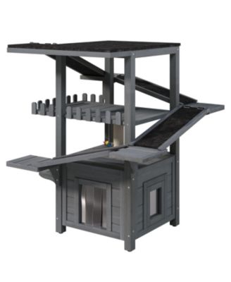 Outdoor Cat House 4 Tiers, Weatherproof Cat Tree Tower with Waterproof Roof, Multi-Level Play Zones with Balcony and 2 Doors, Grey